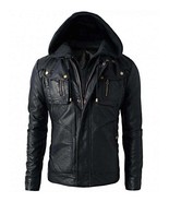 New Men&#39;s Motorcycle Brando Style Biker Real Leather Hoodie Jacket - Det... - £55.72 GBP+