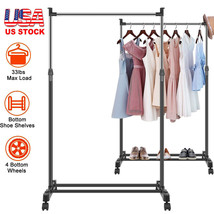 Single Bar Rolling Garment Rack with Adjustable Height Clothing Hanger Shelf US - £36.71 GBP
