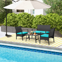 4PCS Patio Wicker Furniture Set Cushioned Chairs&amp; Loveseat W/Coffee Table Garden - £217.88 GBP