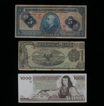 Mexico &amp; Brazil 3-Notes Lot Mexican 1-1000 Pesos &amp; Brazilian 5 Cruzeiros - $52.47