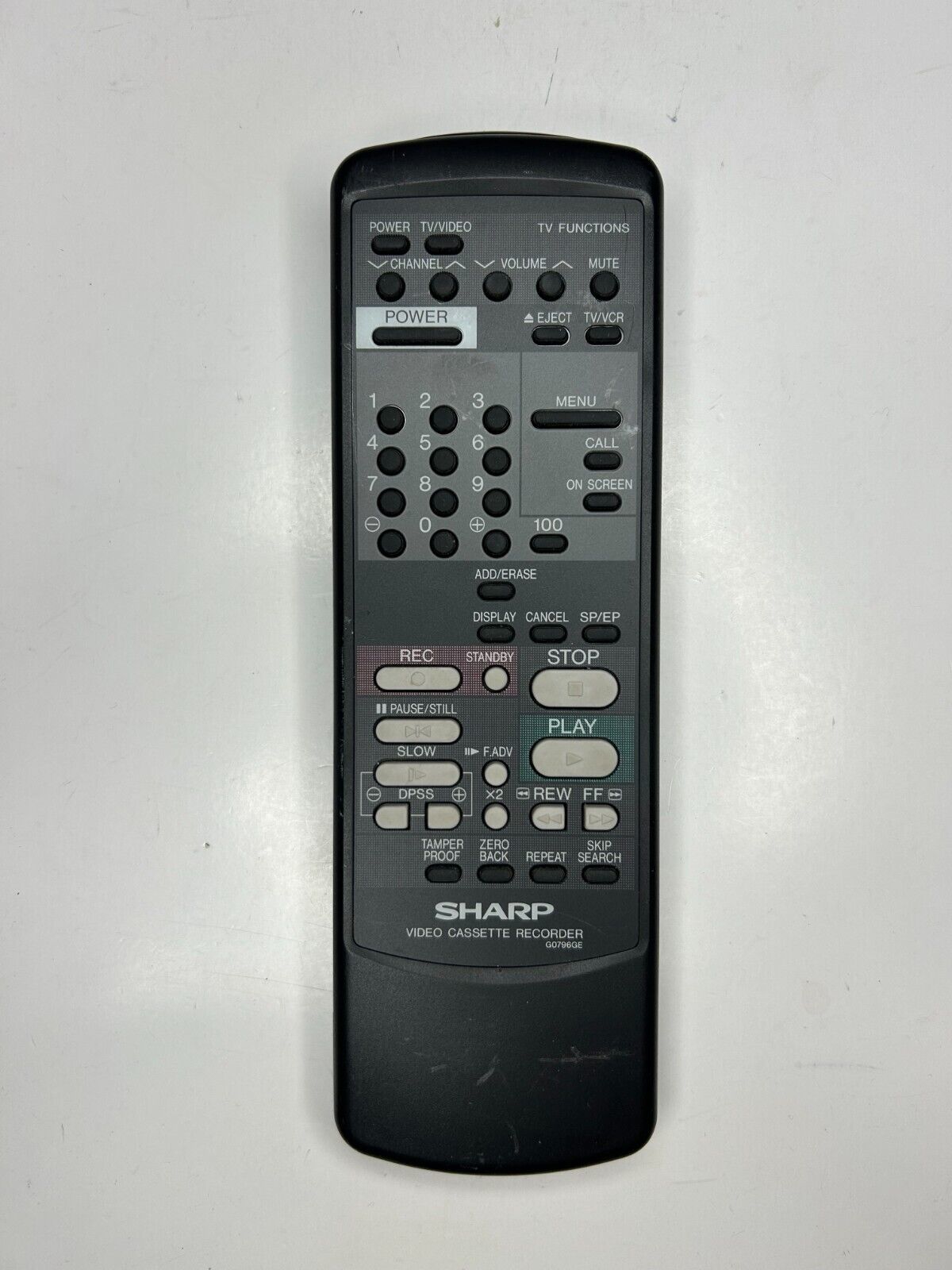 Sharp G0796GE VCR Remote Control, Black - OEM for VCA66U, VCH96U, VCA66 +more  			
