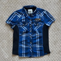 Harley Davidson Women&#39;s Snap Down Fitted Blue Plaid Shirt Medium - $29.02