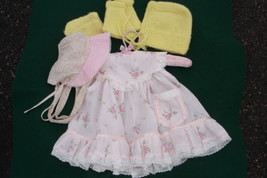 Baby Girl Toddler Doll Pink Dress Roses Knitted Crochet Bonnet Mittens Booties   - £9.39 GBP