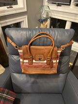 Cole Haan Brooke Flap Brown Leather Canvas Valise Hand Bag - $39.60