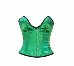 Green Satin Deep Bust Corset Gothic Burlesque Costume Waist Training Bustier Top - £57.64 GBP