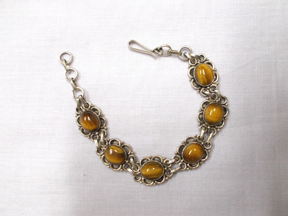 ESTATE STERLING SILVER w TIGERS EYE GEMS FLOWER DESIGN BRACELET ADJ SZ 7 - 8 Item image 2