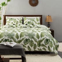 Tropical Plants Quilt Set Queen Size 3 Pieces, Green Palm Leaves Rainforest Styl - £52.50 GBP