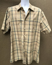 NAUTICA Men&#39;s L Plaid Cotton Casual Shirt Bttns Down S/S Taupe Beige Sage Blue - £21.82 GBP