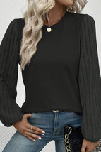 Black Contrast Ribbed Bishop Sleeve Top - $10.33