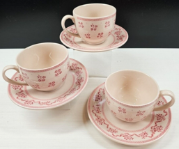 3 Johnson Brothers Petite Fleur Burgundy Pink Cup Saucer Set Vintage Eng... - £31.55 GBP