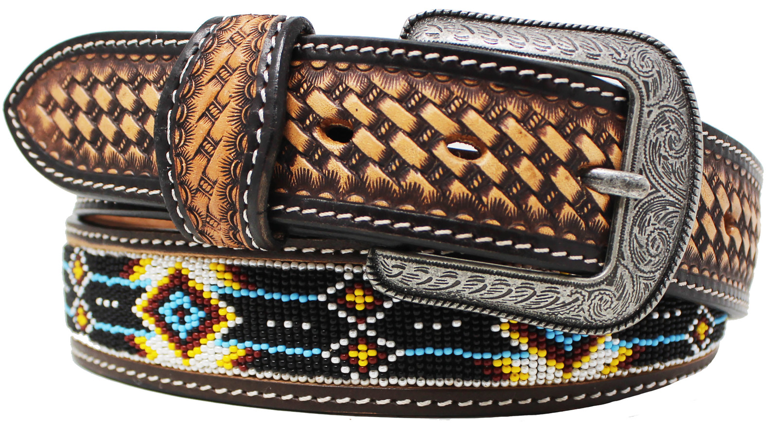 45-46  Unisex 1.5" Western Floral Tooled Beaded Full-Grain Leather Belt 26RT30A Item image 2