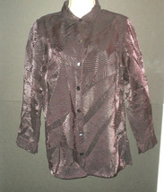 Chico&#39;s Shirt Size 2, S-M Shiny Burgundy-Black Patched Pleated Look Butt... - $23.58