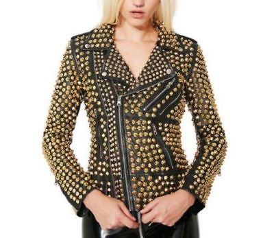 Gold Studded Full Heavy Metal Punk Spike Brando Biker Genuine Leather Jacket