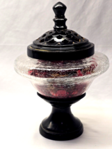 Vintage Table Top CRACKLE GLASS Candy Bowl Bronze Pedestal Potpourri Finial Jar - $34.63