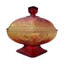 Vintage Jeanette Amberina Candy Dish Compote Carnival Glass Acorn Pattern - £19.58 GBP