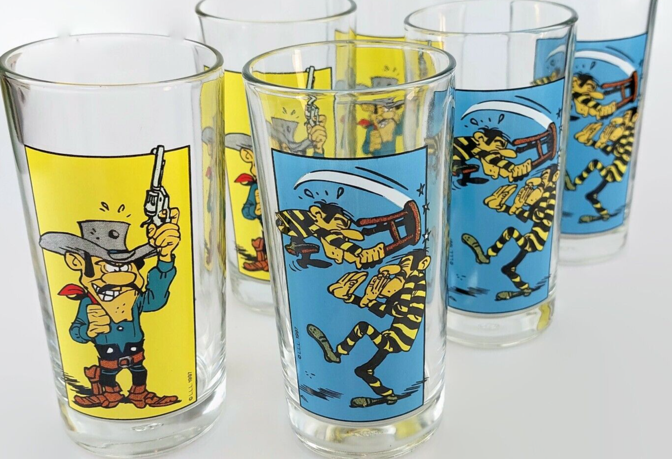 Primary image for Dalton brothers drinking glasses vintage Lucky Luke rantanplan outlaws tumblers