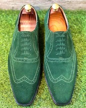 Handmade Bespoke Green Color Genuine Suede Leather Wing Tip Men Oxford Shoes - £158.87 GBP