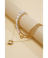 Gold 3pcs Layered Pearl Chain Bow Charm Necklace Set - $111.91 MXN