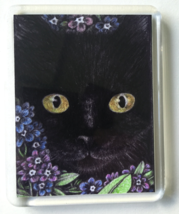 Cat Art Acrylic Large Magnet - Black Cat with Forget-Me-Nots - $8.00