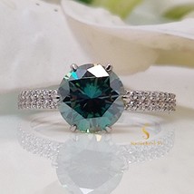 6MM Blue Green Round Cut Moissanite Wedding Ring With Side Colorless Lab Diamond - £101.51 GBP