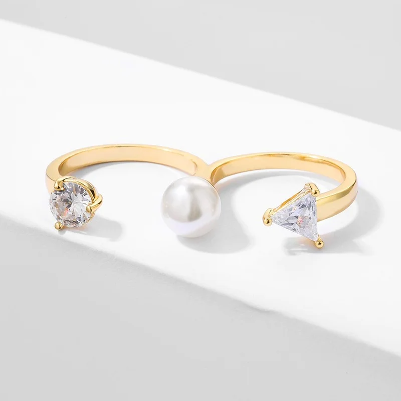 Sporting Luxury Geometry Zirconia Open Rings for Women Fashion Elegant Pearl Two - £23.90 GBP