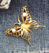 Vintage Butterfly with Genuine Pearl and Green Rhinestone Eyes Brooch Pin - $17.81