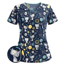 S-5xl Women Fashion Short Sleeve Neck Tops Wor Uniform Blouse Shirt Cute  Print  - £38.07 GBP