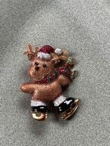 Estate Danecraft Signed Sparkly Brown Ice Skating Christmas Holiday Reindeer Pin - £11.71 GBP