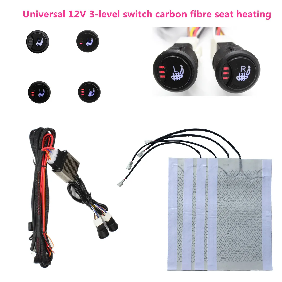 Universal 2 seats 4pcs 12v car carbon fiber 3 level heated seat heater pad - £47.95 GBP