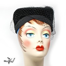 Vintage Black Velvet Pillbox Turban Hat w Veil, Cocktail, Dress, Church ... - £23.92 GBP