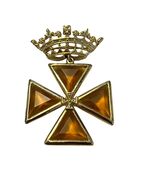 Vintage Crown Maltese Cross Brooch Amber Glass Gold Tone Heraldic Pin Pe... - $25.20