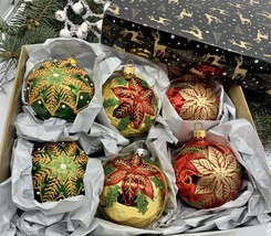 Set of green, red and gold Christmas glass balls, hand painted ornaments - $71.25