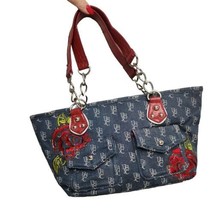 Duck Head Womens Bag Satchel Denim Logo Fabric Roses Blue Red Handle - £16.42 GBP