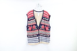 Vtg 90s Streetwear Womens L Hand Embroidered Knit Flower Cardigan Sweater Vest - $59.35