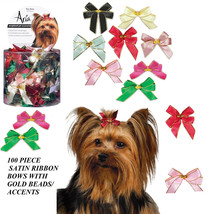 100 Pc Premium Gold Bead&amp;Accent Satin Ribbon Bows w/Band Dog Grooming Top Knot - £23.88 GBP