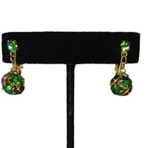 Austrian Crystal Ball Green Dangle Earrings Art Deco Clip On Gold Tone V... - £19.43 GBP