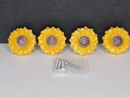 (4) Ceramic Yellow Sunflower Drawer/Cabinet Knobs/Pulls 2&quot;W X 1&quot;D w/ 1&quot; Screws  - £11.24 GBP