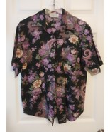 Ladies Blouse Black with Purple and White Flowers and Designs Short Sleeves - $10.00