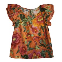 Medium Floral Orange Top Part Linen Flutter Sleeves Cynthia Rowley - $21.49