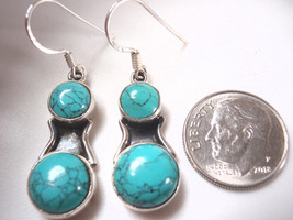 Medium Large Simulated Turquoise Double Gem 925 Sterling Silver Dangle Earrings - £4.70 GBP