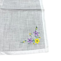 Vintage White Handkerchief Embroidered Purple yellow Wild flowers Cottag... - $13.09