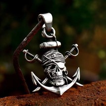 Men Punk Gothic Silver Pirate Skull Anchor Pendant Rock Biker Necklace Chain 24&quot; - £7.03 GBP