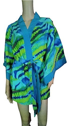 Womens 100% Silk Kimono Style Short Robe in Teal and Green (medium)