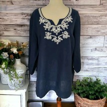 JM Collection Linen Top M Embroidered Beaded Tunic Shirt Navy Blue White Blouse - £17.19 GBP