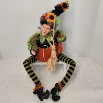 WITCH Halloween BROOM Decor Doll Green Pumpkin Shelf Sitting Mantle - £34.02 GBP