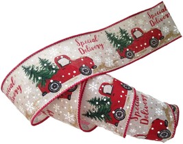 50 Yds X 2.5&quot; Wired Holiday Ribbon Special Delivery Truck with Christmas... - £13.27 GBP