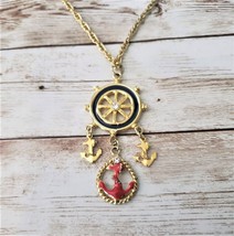 Vintage Necklace Nautical Design Anchors &amp; Helm Gold Tone, Red, Black Long - £18.37 GBP