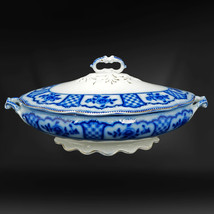 English Oval Flow Blue Covered 12” Serving Dish Wm Grindley &quot;Melbourne&quot; - £61.10 GBP