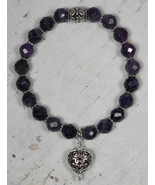 Amethyst Daisy Spacer Puffed Heart Charm Stretch Bracelet Handmade 7.5&quot; New - $27.71