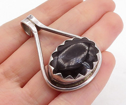 MEXICO 925 Silver - Vintage Cabochon Cut Black Onyx Serrated Pendant - PT4166 - $64.79